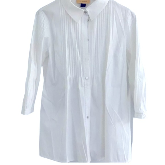 ST JOHN White Button Up Pintuck 3/4 Sleeve Poplin Cotton Designer Couture Shirt - Picture 3 of 7